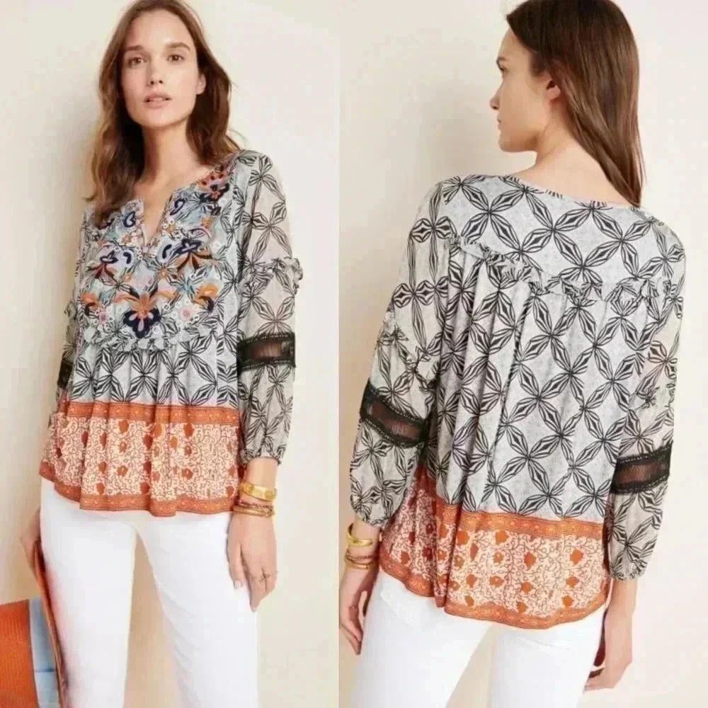 Anthropologie Terri Embroidered Top in Neutral Motif Size Small NWOT $98